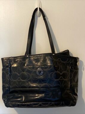 Coach Black Signature Tote with Circular Logo Medallion